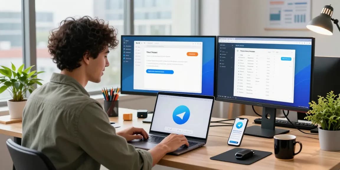 Engaging workspace scene demonstrating the Telegram download experience and communication possibilities.