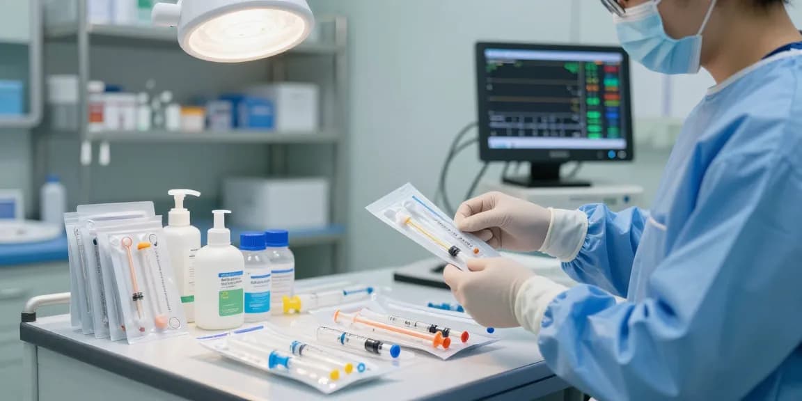 Organized catheter supplies in a clinical setting, showcasing essential medical equipment for healthcare.