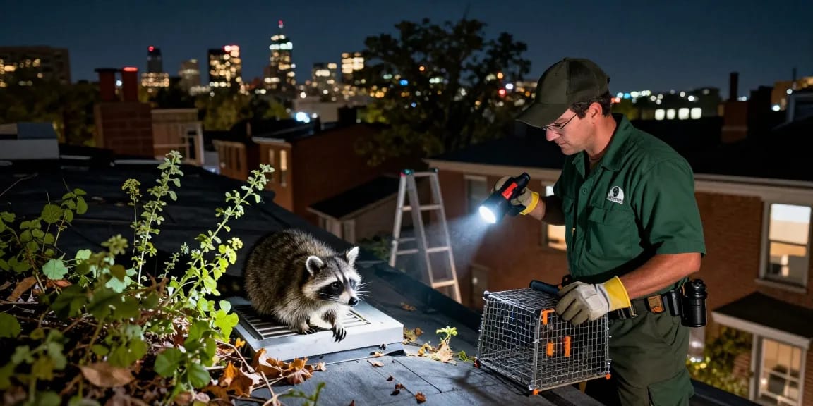 Raccoon Removal Toronto expert checking rooftop for raccoons in urban Toronto environment.