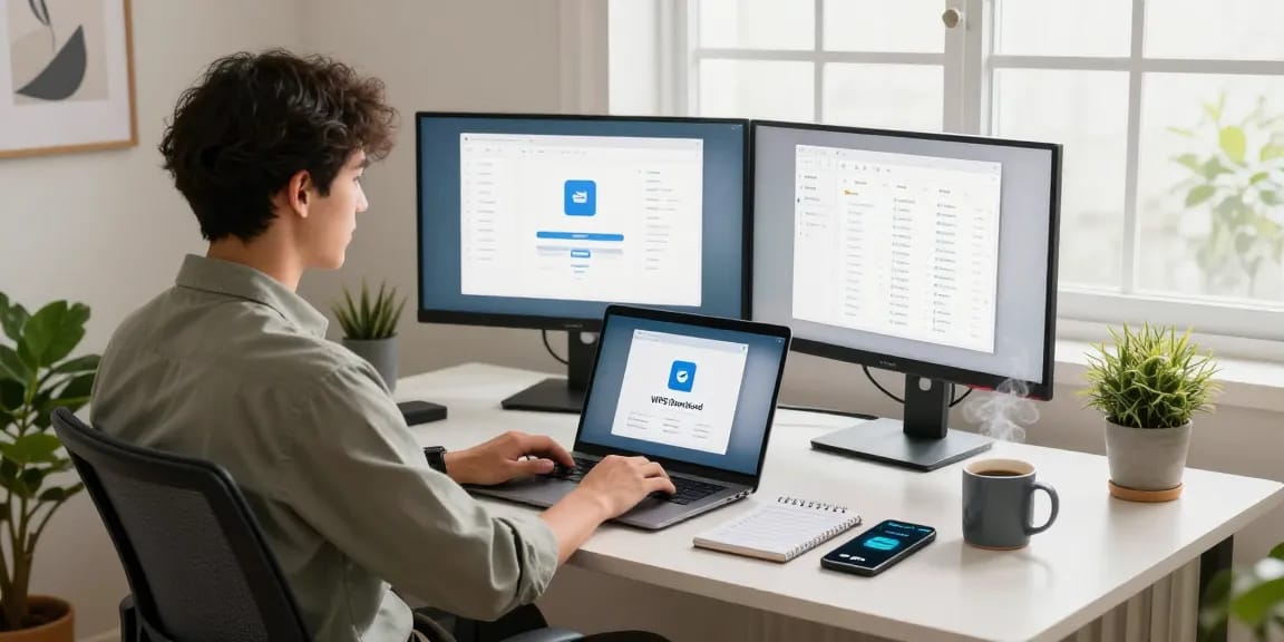 Starting a WPS Download in a modern home office environment with dual monitors and a laptop.
