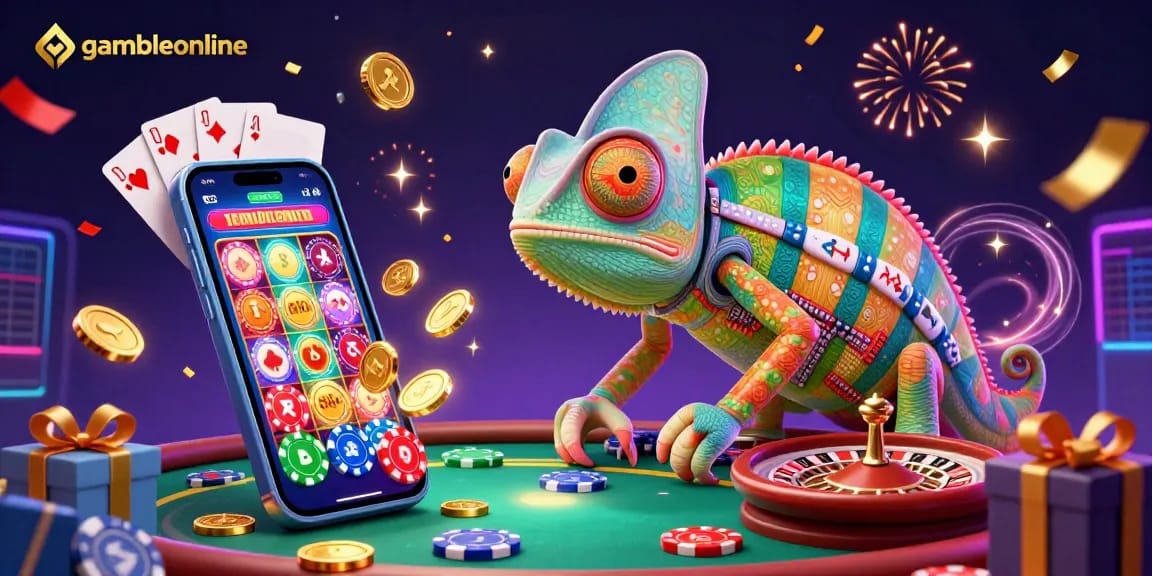 Experience the excitement of gambleonline with a vibrant chameleon casino owner amidst themed gaming elements.