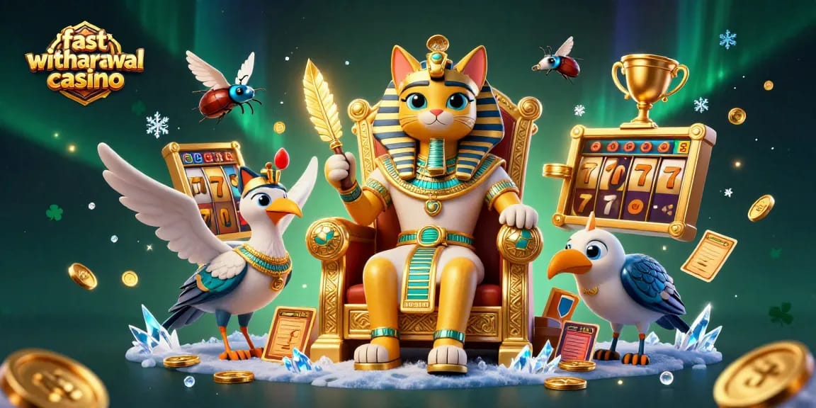 Experience fast withdrawal casino thrills with pharaoh cat and scribe in a vibrant gaming scene.