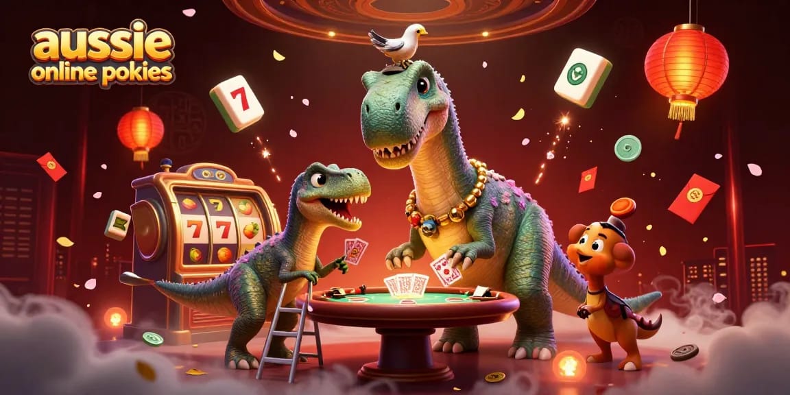 Aussie online pokies featuring a dinosaur dealer in a vibrant casino scene