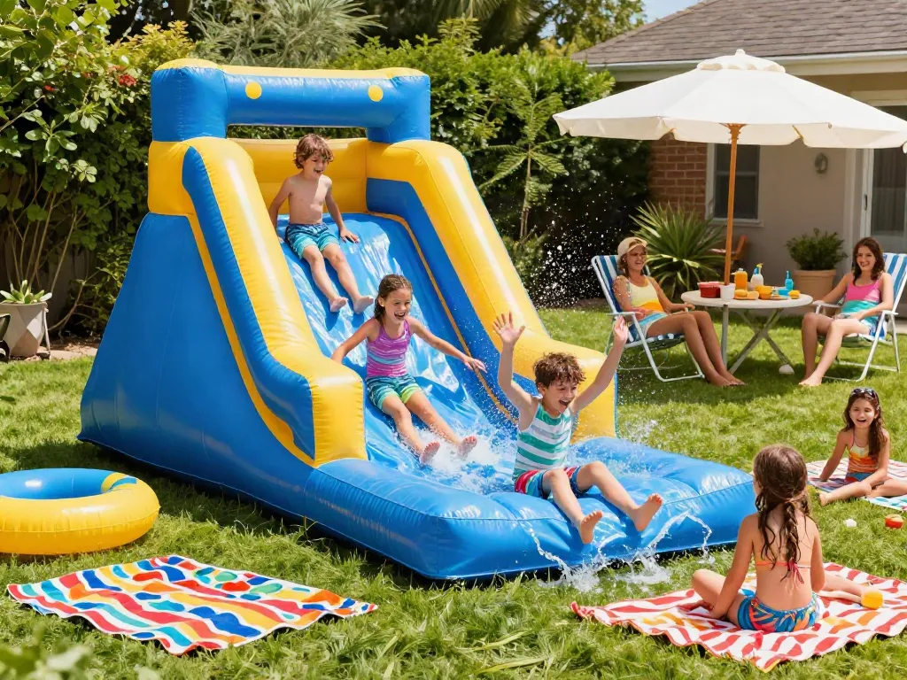 Children enjoying an inflatable water slide with vibrant summer backdrop and splashing water.