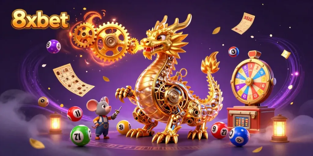 Experience thrilling gaming at 8xbet with a golden dragon and vibrant lottery elements.