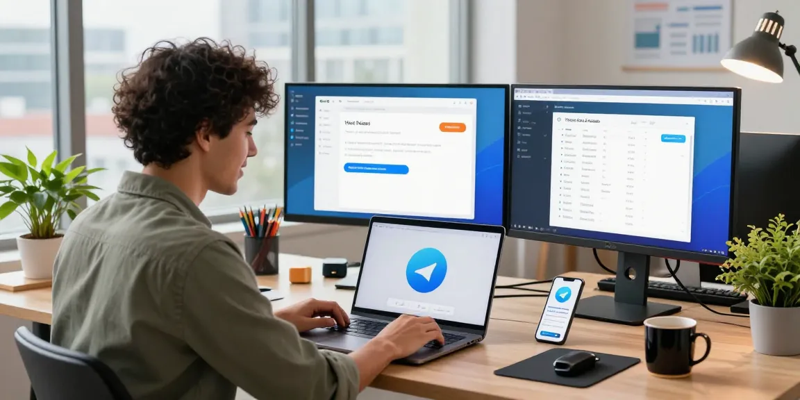 Engaging workspace scene demonstrating the Telegram download experience and communication possibilities.