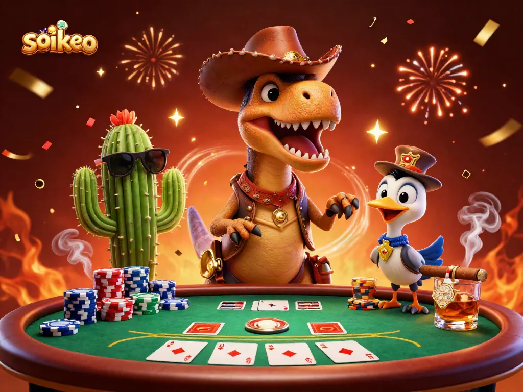 Join the T-Rex and friends in a high-stakes poker game featuring colorful chips and vibrant atmosphere at Soikeo Casino.