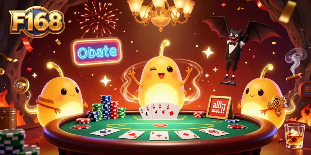 Experience the excitement at F168 Casino with glowworms lighting a vibrant gaming scene.
