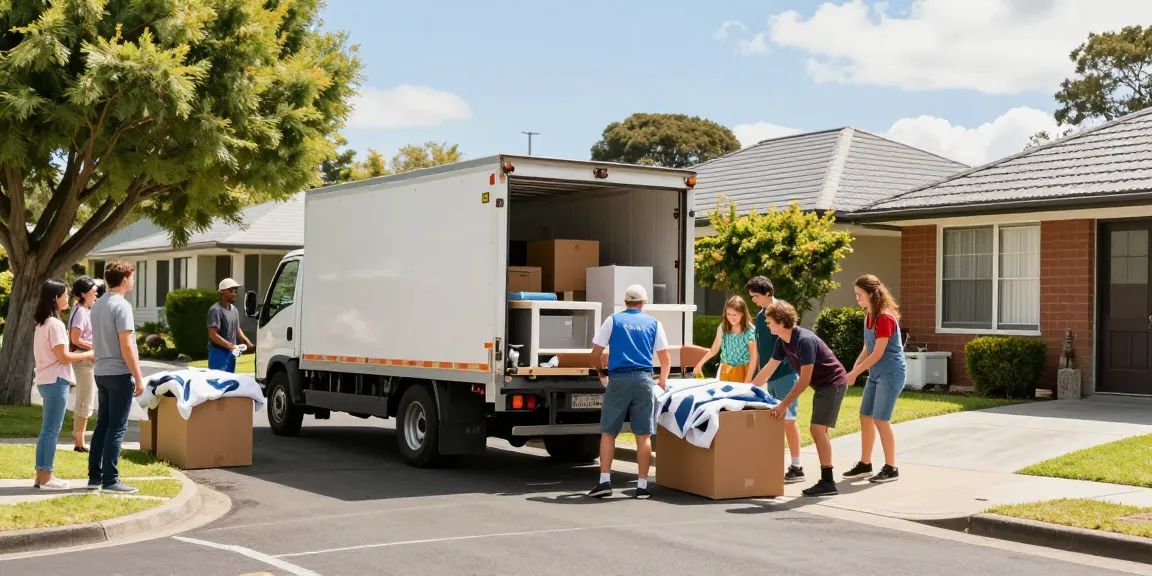 House movers Tauranga unloading furniture from a truck on a sunny street, creating a welcoming atmosphere.