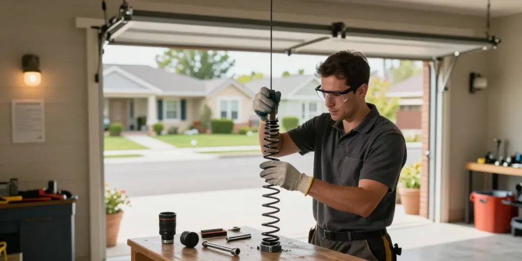 Technician repairing a broken spring in Niagara Falls garage door, showcasing expert repairs and tools.