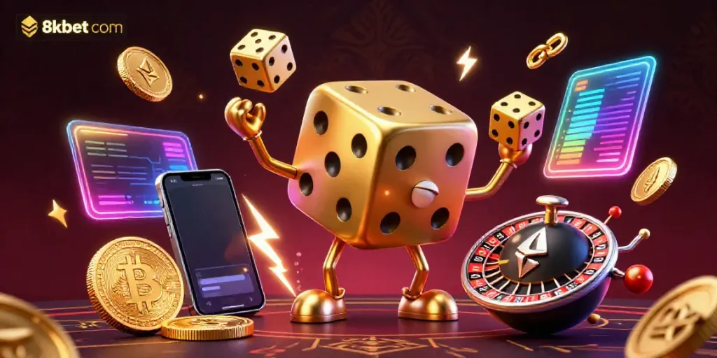 Engage in exciting gameplay at 8xbet com with a vibrant 3D gambling scene featuring dice and crypto elements.