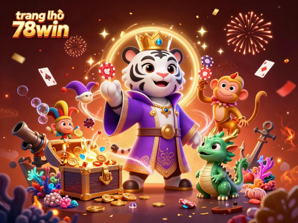 Experience the excitement of trang chủ 78win as characters celebrate around dazzling casino imagery.
