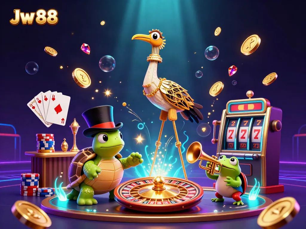 Spin and win at Jw 88 with vibrant 3D cartoon characters and dazzling casino elements.