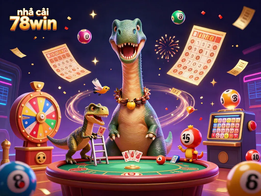 Engaging 3D scene of nhà cái 78win featuring a giant brontosaurus in a vibrant casino atmosphere with lottery and gaming elements.