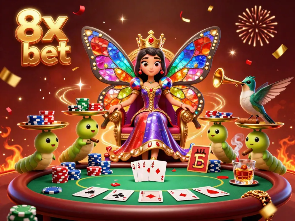 Enhance your gaming strategy with 8x bet at a vibrant poker scene led by a butterfly queen.