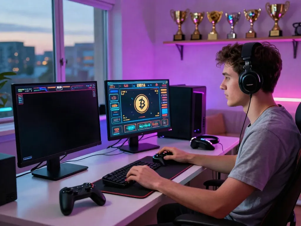 Crypto Casino Canada Fast Withdrawls gaming scene with player at desk.