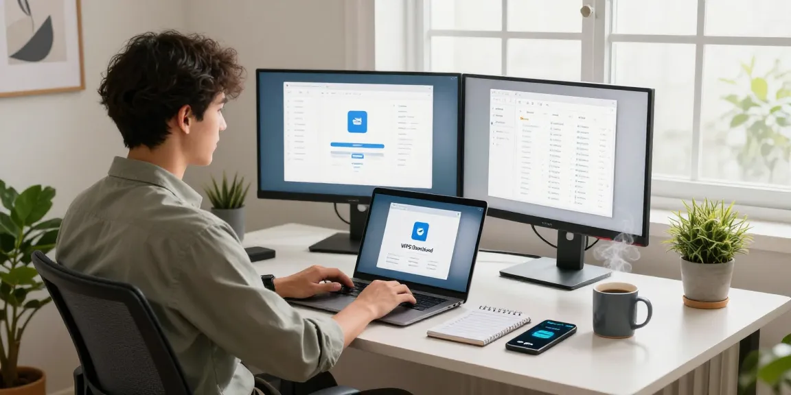 Starting a WPS Download in a modern home office environment with dual monitors and a laptop.