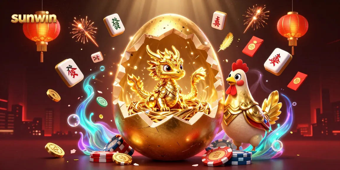 Experience thrilling wins at sunwin with a vibrant golden dragon amidst poker chips and festive decorations.