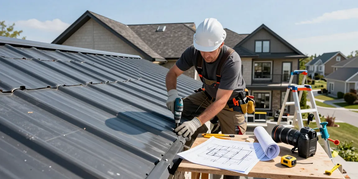 Installation of metal roofing in Ontario by a skilled contractor, showcasing tools and modern home