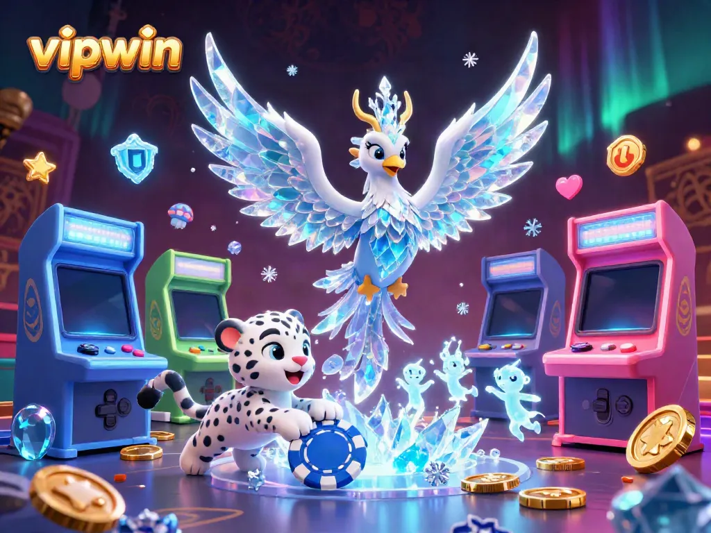 Play and win at vipwin featuring a vibrant 3D scene with an ice phoenix, a snow leopard, and animated game elements.