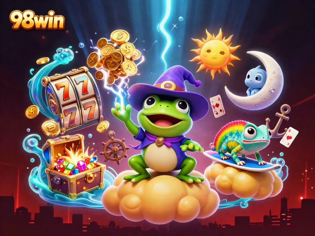 Experience the thrill of winning at 98win with vibrant 3D casino imagery featuring golden coins and slots.