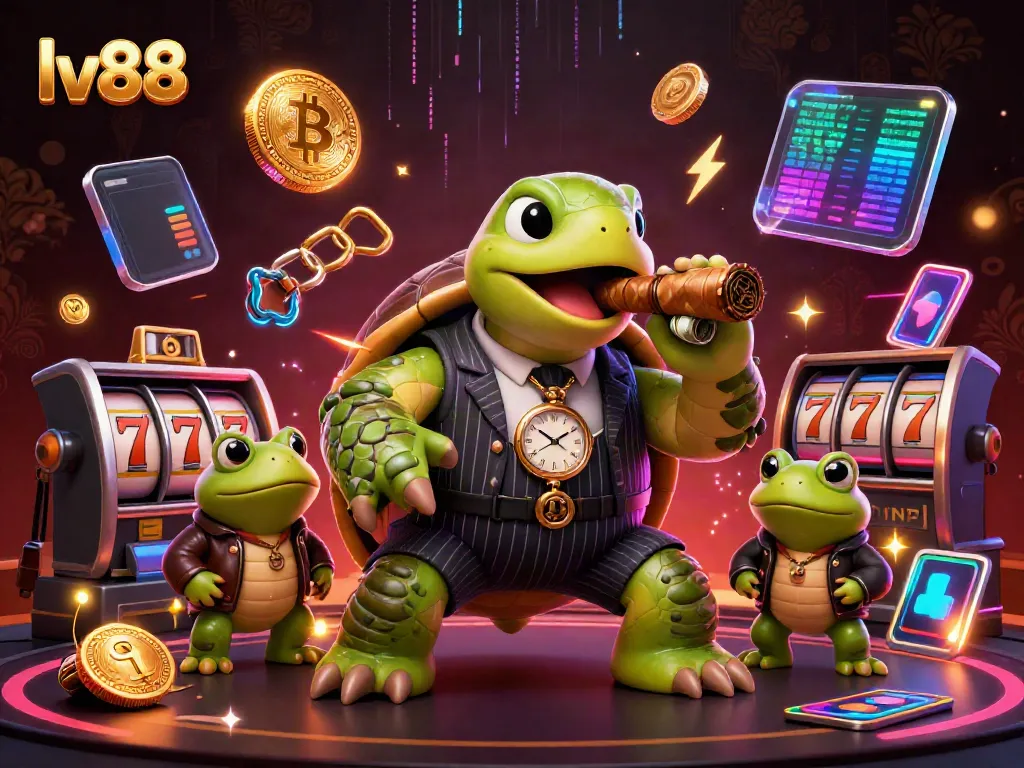 Experience the vibrant energy of lv88's online casino with a dynamic 3D illustration featuring a snapping turtle and bullfrog enforcers.