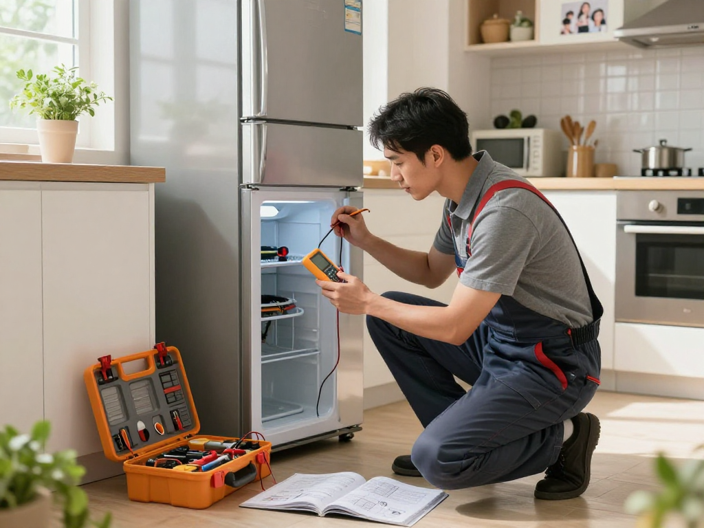 Appliance Repair Vaughan technician diagnosing refrigerator issues in a bright modern kitchen.